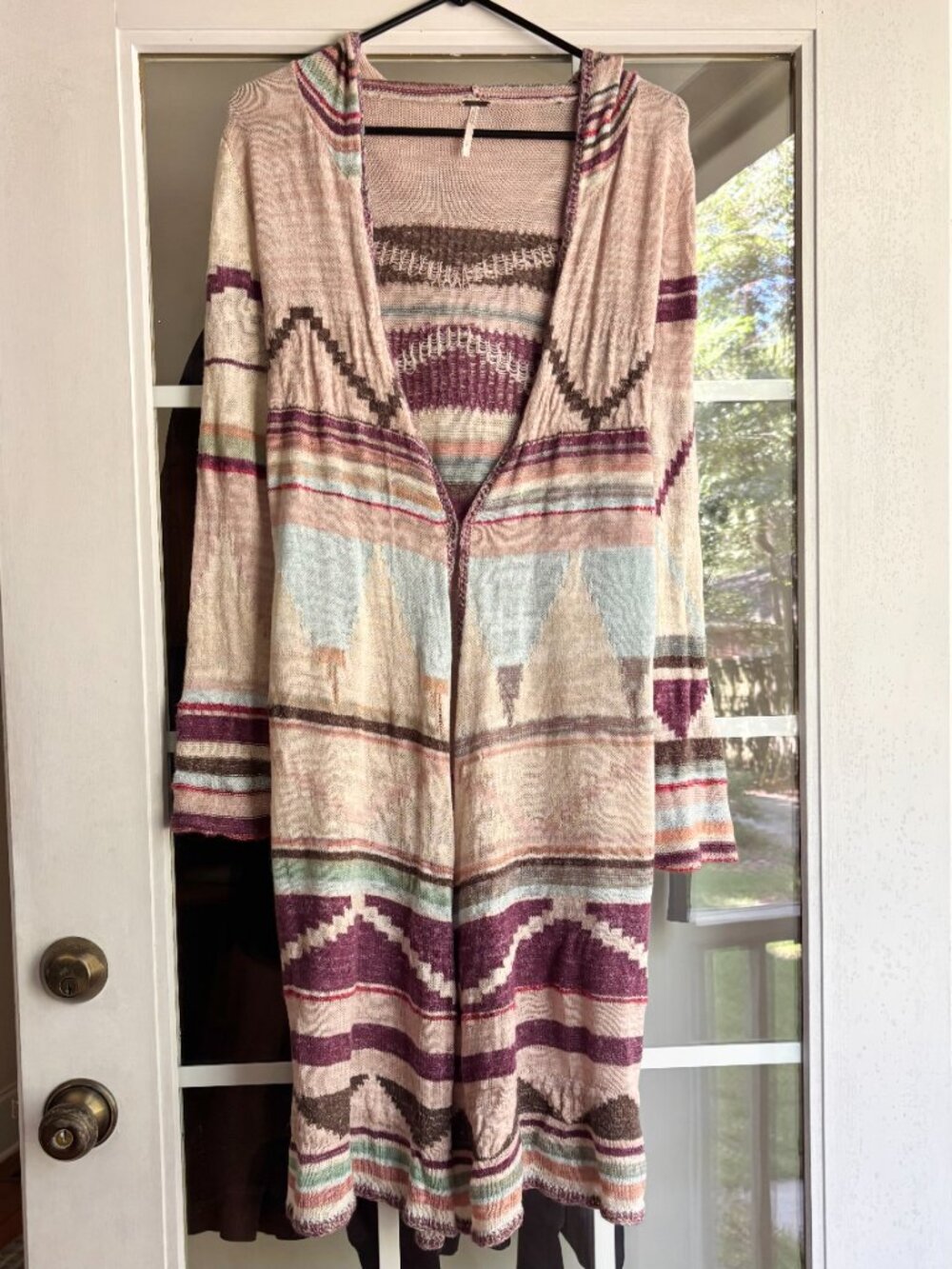Free People Cream Purple Blue Boho Southwestern Long Duster Hooded Cardigan S - Picture 5 of 16